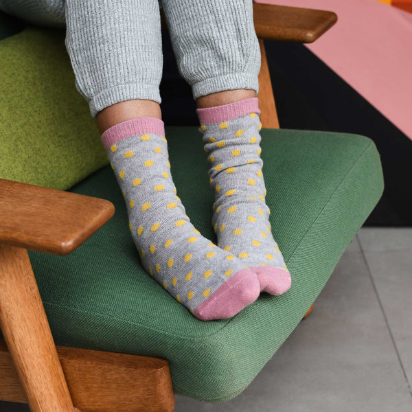 Ladies Grey & Yellow Small Spot Lambswool Ankle Socks