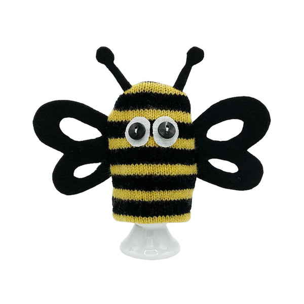 Stripy knitted black and yellow Bee Egg Cosy with wings