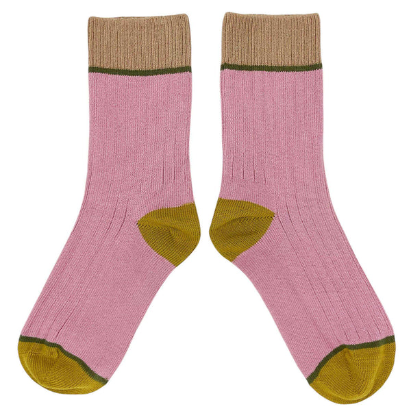 Unisex Organic Cotton Ribbed Ankle Socks - Dusky Pink Block