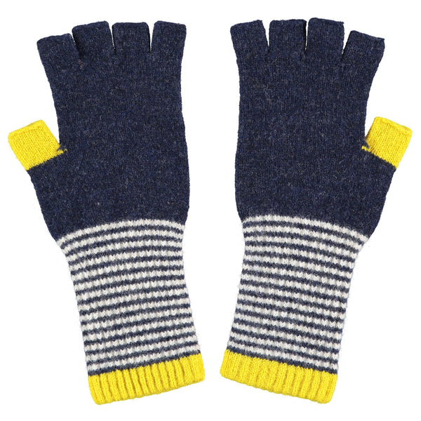 Women's  Navy & Electric Yellow Lambswool Fingerless Gloves