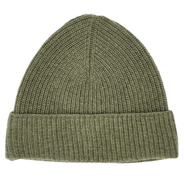 Green Cashmere Mix Beanie featuring a knitted rib design and foldable brim