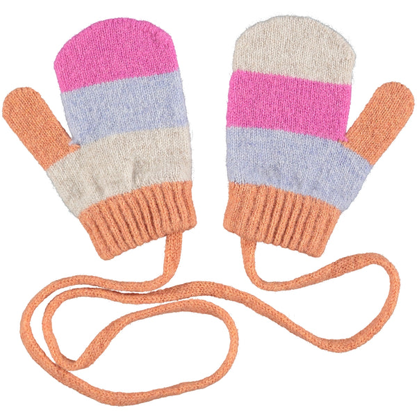 cosy kids mittens on a string with stripes of peach pink & lilac
