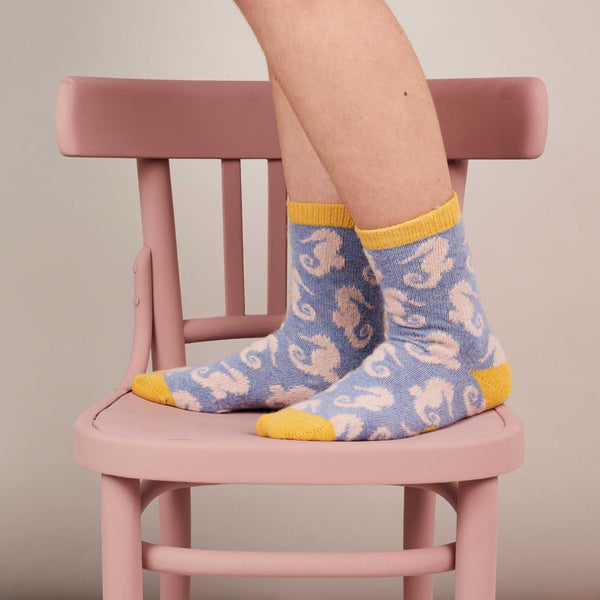 Ladies Bright Blue Seahorse Lambswool Ankle Socks