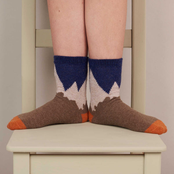 Ladies Navy & Orange Mountain Lambswool Ankle Socks
