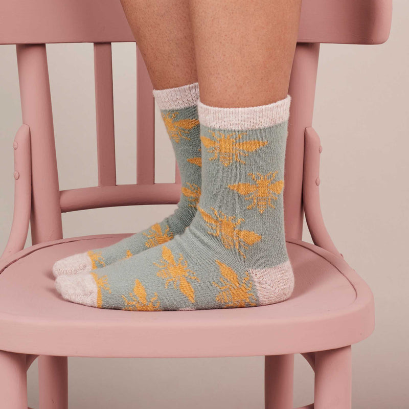 Ladies Sage & Yellow Bee Lambswool Ankle Socks