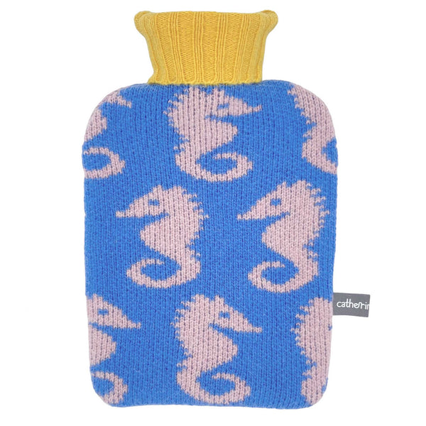 mini bot water bottle set with a 100% lambswool cover fetauring seahorses on a blue base