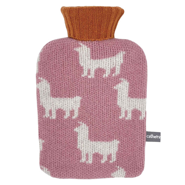 mini hot water bottle set with a 100% lambswool cover featuring llamas on a dusky pink base