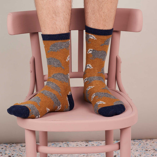 Men's Mustard Badger Lambswool Ankle Socks