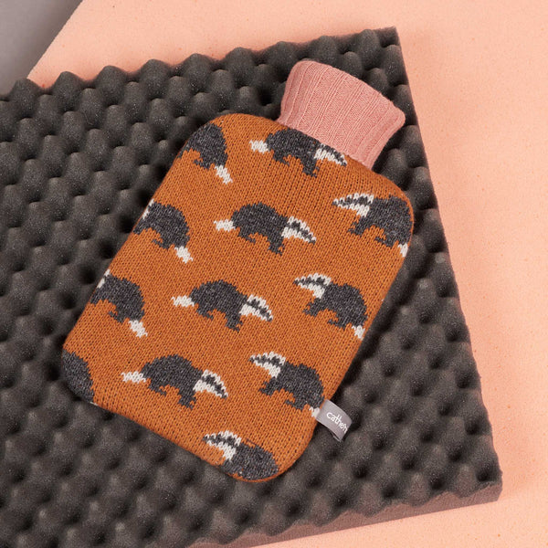 Mini Lambswool Hot Water Bottle Set - Orange Badgers