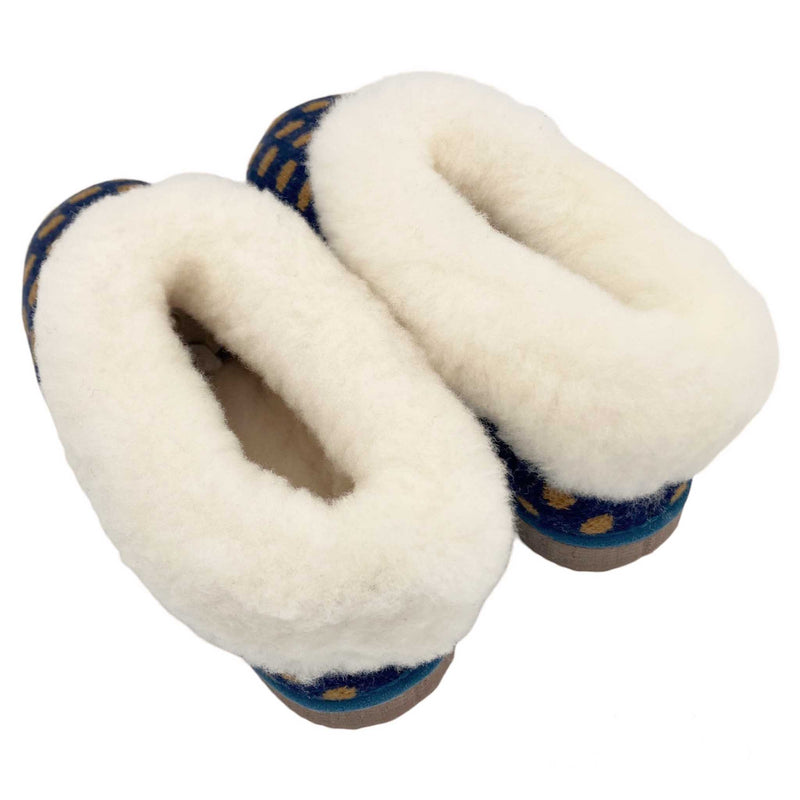 cosy sheepskin lined slipper boots with a spotty navy  lambswool upper
