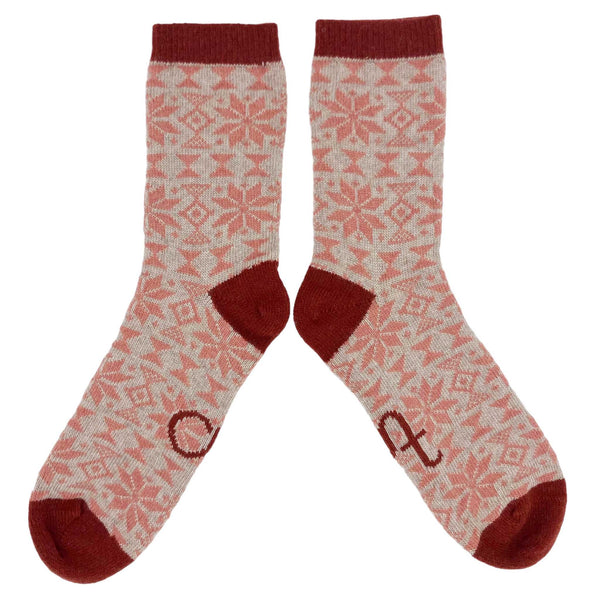 Ladies Pink & Terracotta Fair Isle Lambswool Ankle Socks