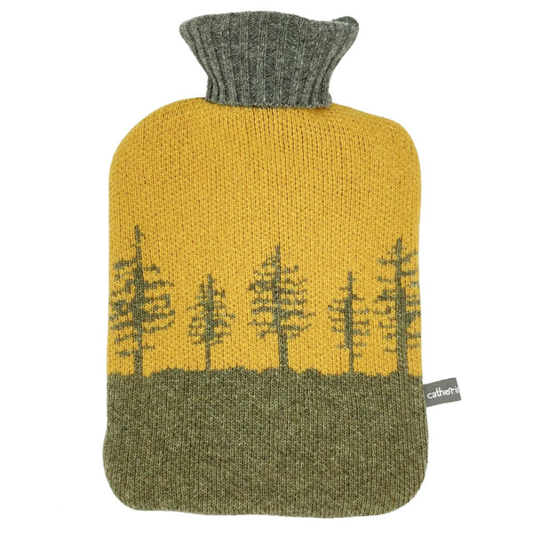 100% lambswool hot water bottle cover with a green forest deisgn