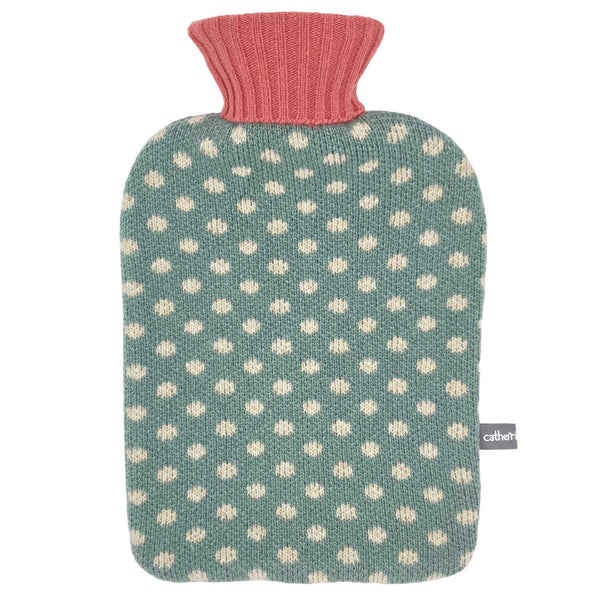 100% lambswool  hot water bottle cover with a green and white spot pattern