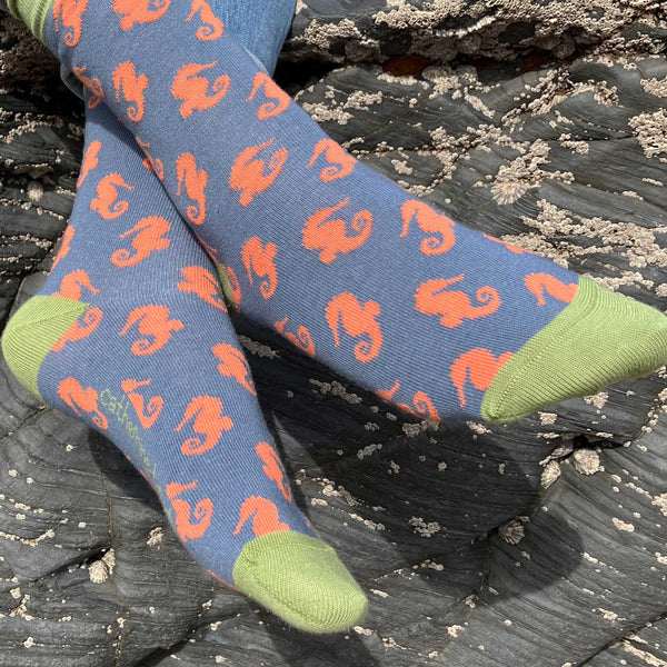 Ladies Smoky Blue Seahorse Organic Cotton Ankle Socks