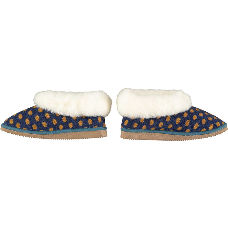 cosy sheepskin lined slipper boots with a spotty navy  lambswool upper