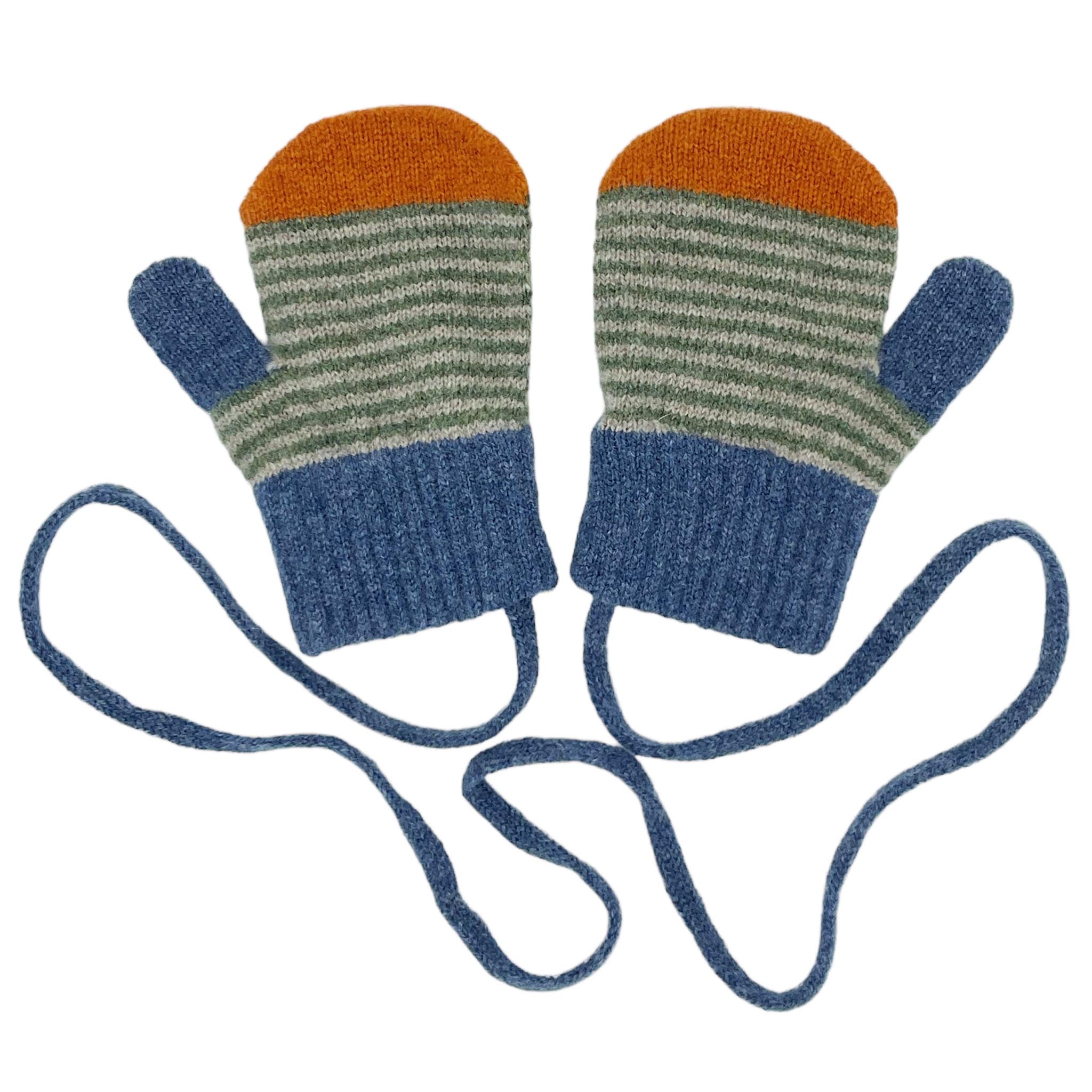 Kids Green Stripe Lambswool Mittens on a String