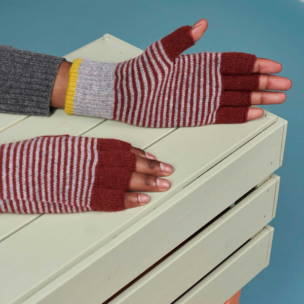 Unisex Sienna & Concrete Stripy Lambswool Fingerless Gloves