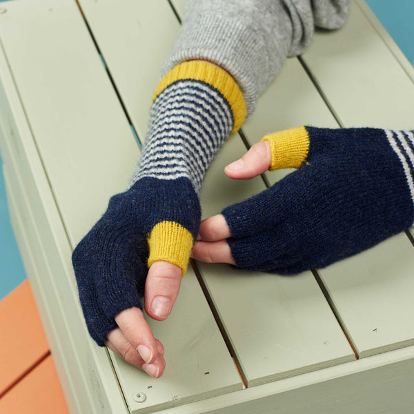Women's  Navy & Electric Yellow Lambswool Fingerless Gloves