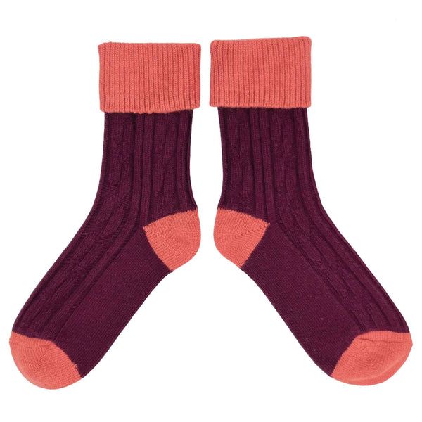 unisex cashmere mix socks with cable detail in  dark red and orange 