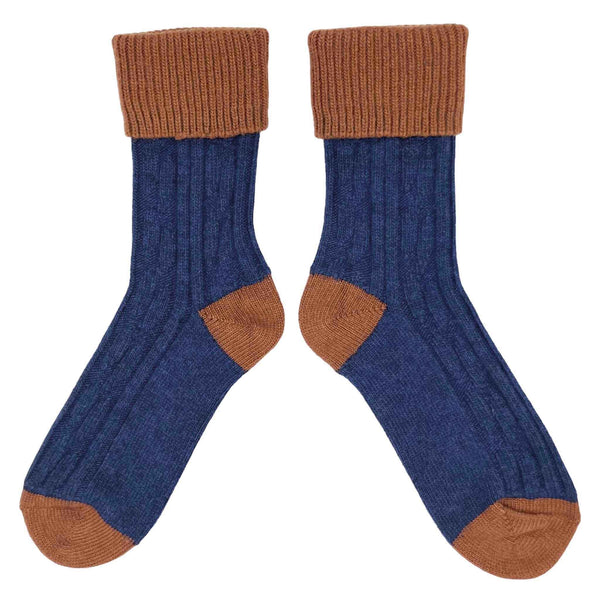 unisex cashmere mix socks featuring a cable knit design in navy blue with copper  trims