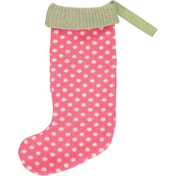 knitted pink spotty christmas stocking