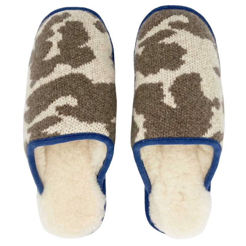 cosy cow print slippers lined with real sheepskin