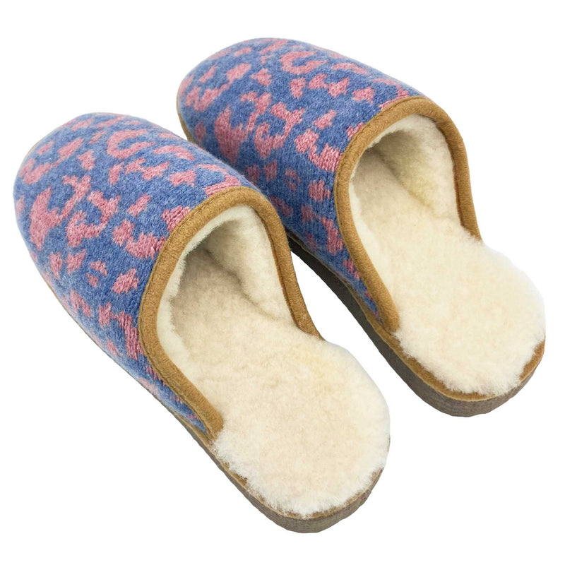 cosy knitted sheepskin slippers with blue and pink leopard print