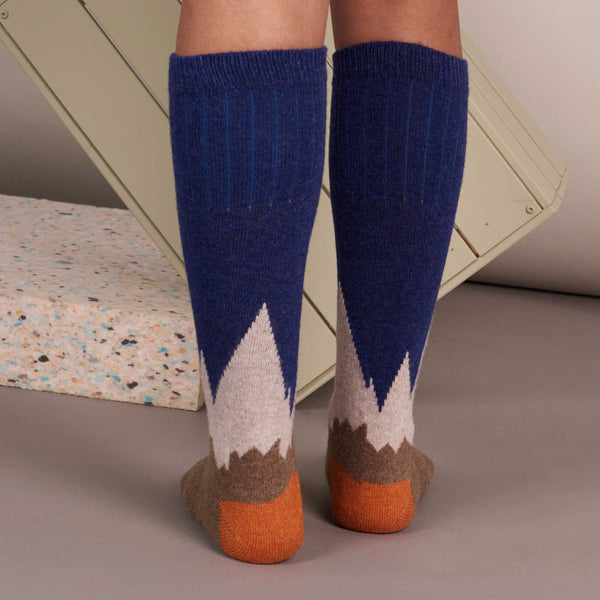 Ladies Navy & Orange Mountain Lambswool Knee Socks