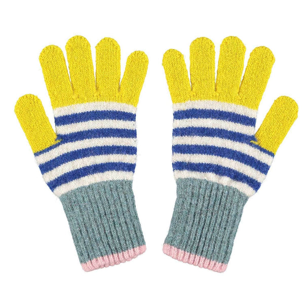 Kids Yellow & Marine Blue Stripe Lambswool Gloves