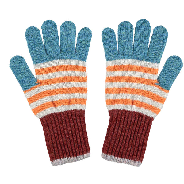 Kids Petrol Blue & Orange Stripe Lambswool Gloves