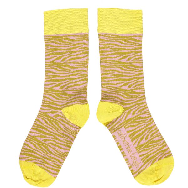 Ladies Dusky Pink & Yellow Zebra Print Organic Cotton Ankle Socks