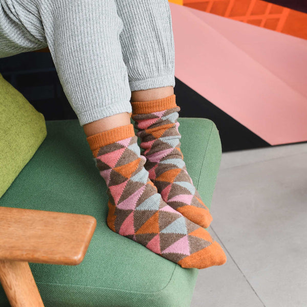 Ladies Rust & Soft Brown Triangle Lambswool Ankle Socks
