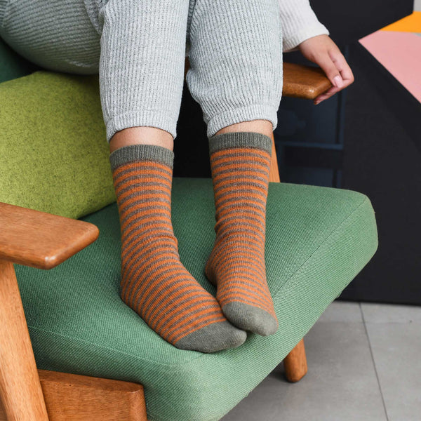 Ladies Mustard & Soft Brown Stripe Lambswool Ankle Socks