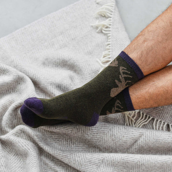 Men's Dark Green Stag Lambswool Ankle Socks