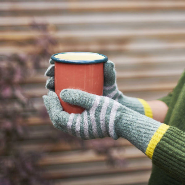 Women's Soft Green Stripe Lambswool Gloves