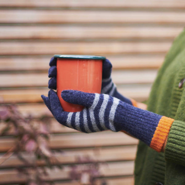 Women's Navy & Grey Stripe Lambswool Gloves