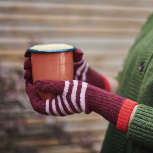 Women's Dark Red & Pink Stripe Lambswool Gloves