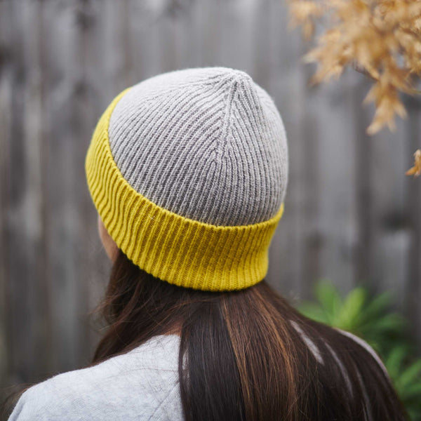 Soft Brown & Electric Yellow Ribbed Lambswool Unisex Beanie