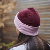 Dark Red & Dusky Pink Ribbed Lambswool Unisex Beanie