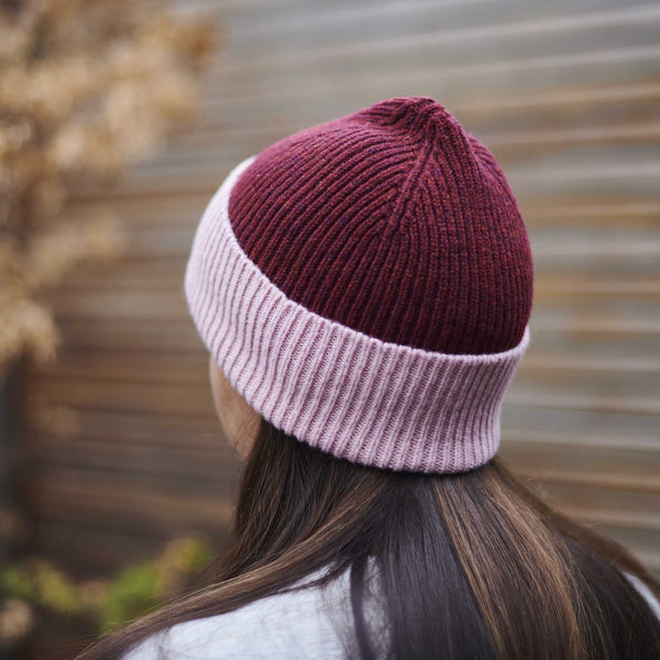 Dark Red & Dusky Pink Ribbed Lambswool Unisex Beanie