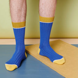 Unisex Organic Cotton Ribbed Ankle Socks - Blue Block