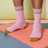 Unisex Organic Cotton Ribbed Ankle Socks - Dusky Pink Block