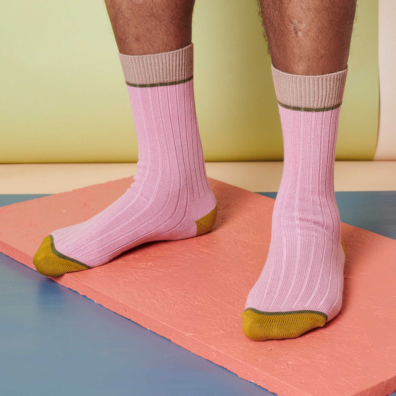 Unisex Organic Cotton Ribbed Ankle Socks - Dusky Pink Block