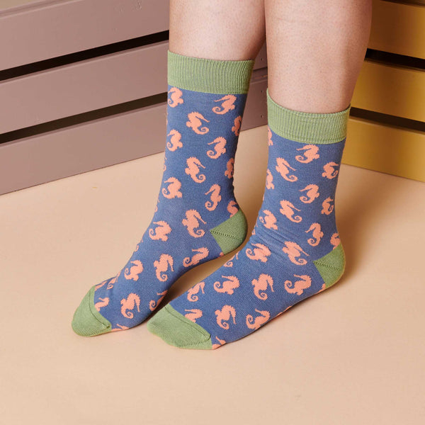 Ladies Smoky Blue Seahorse Organic Cotton Ankle Socks