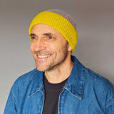 Soft Brown & Electric Yellow Ribbed Lambswool Unisex Beanie
