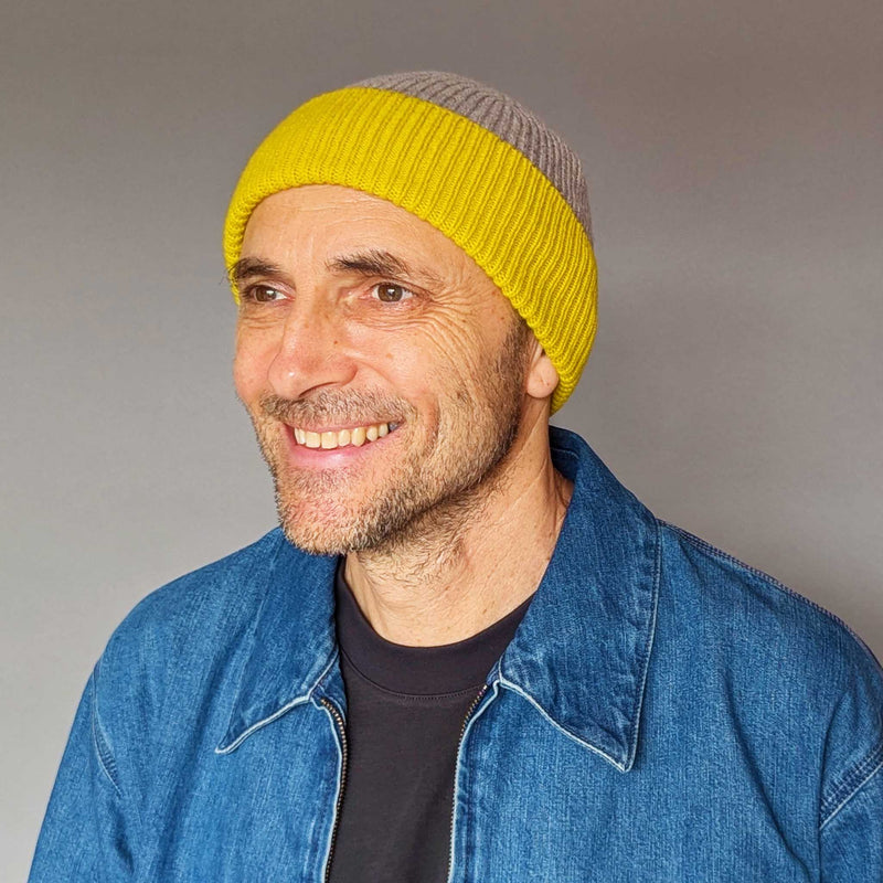 Soft Brown & Electric Yellow Ribbed Lambswool Unisex Beanie