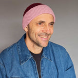 Dark Red & Dusky Pink Ribbed Lambswool Unisex Beanie