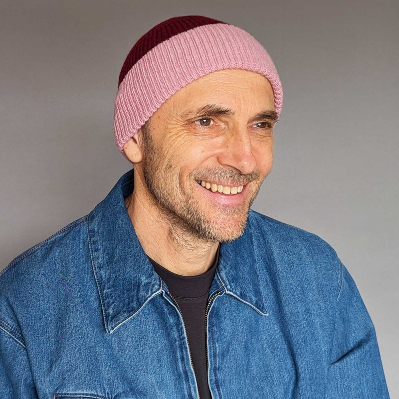 Dark Red & Dusky Pink Ribbed Lambswool Unisex Beanie