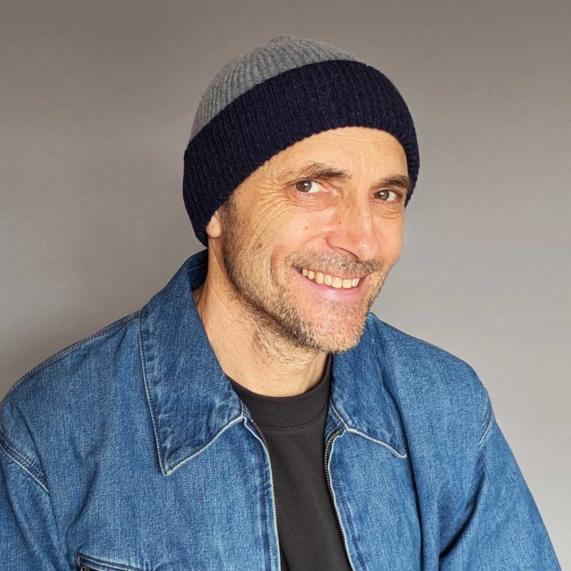 Grey & Navy Ribbed Lambswool Unisex Beanie