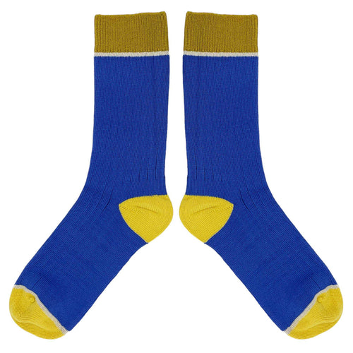 Unisex Organic Cotton Ribbed Ankle Socks - Blue Block